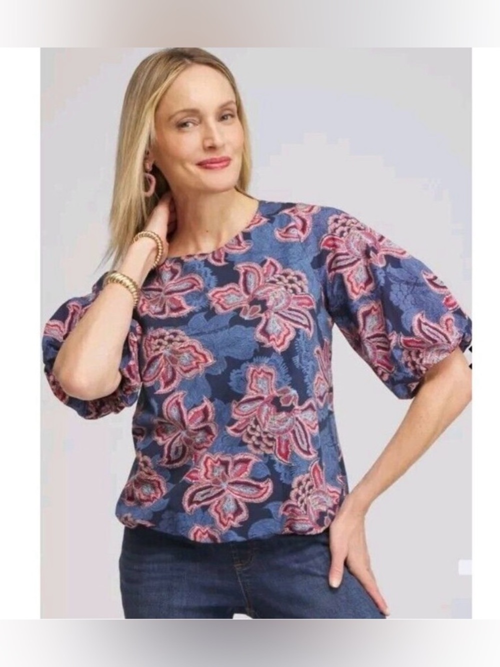 Chico's Navy Floral Paisley Bubble Hem Top Puff Sleeve Large Boho Resort Office